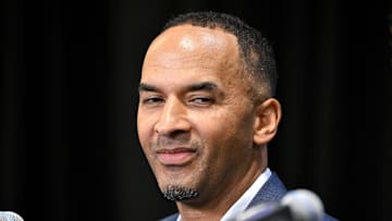 Jun 27, 2025; Dallas, TX, USA; Dallas Mavericks general manager Nico Harrison speaks to the media at the Dallas Mavericks Practice Facility. Mandatory Credit: Jerome Miron-Imagn Images