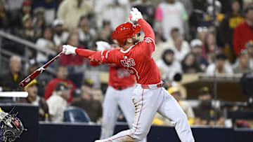 May 12, 2025; San Diego, California, USA; Los Angeles Angels left fielder Taylor Ward (3) hits a grand slam during the ninth inning against the San Diego Padres at Petco Park. Mandatory Credit: Denis Poroy-Imagn Images