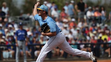 Mar 9, 2025; Port Charlotte, Florida, USA; Tampa Bay Rays pitcher Mike Vasil (70) throws a pitch during the sixth inning against the Toronto Blue Jays at Charlotte Sports Park. Mandatory Credit: Kim Klement Neitzel-Imagn Images