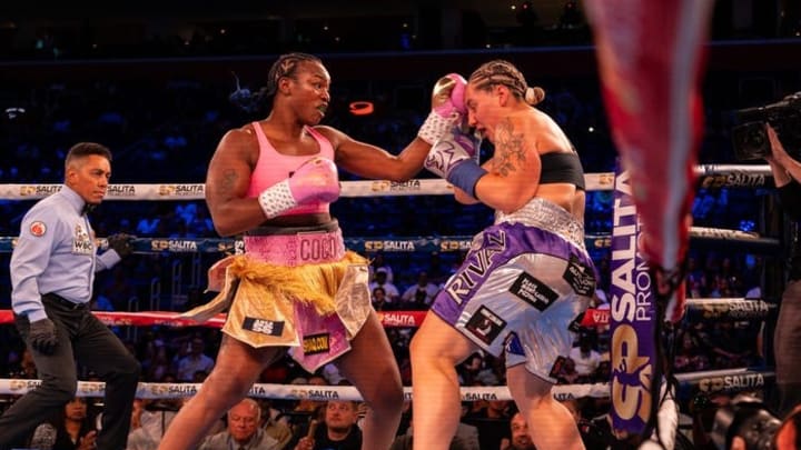 Claressa Shields lands a decisive punch on Vanessa Lepage-Joanisse, showcasing her dominance at heavyweight