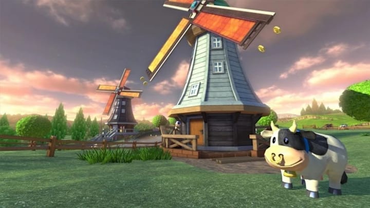 A cow in a meadow next to two windows in Mario Kart Wii.