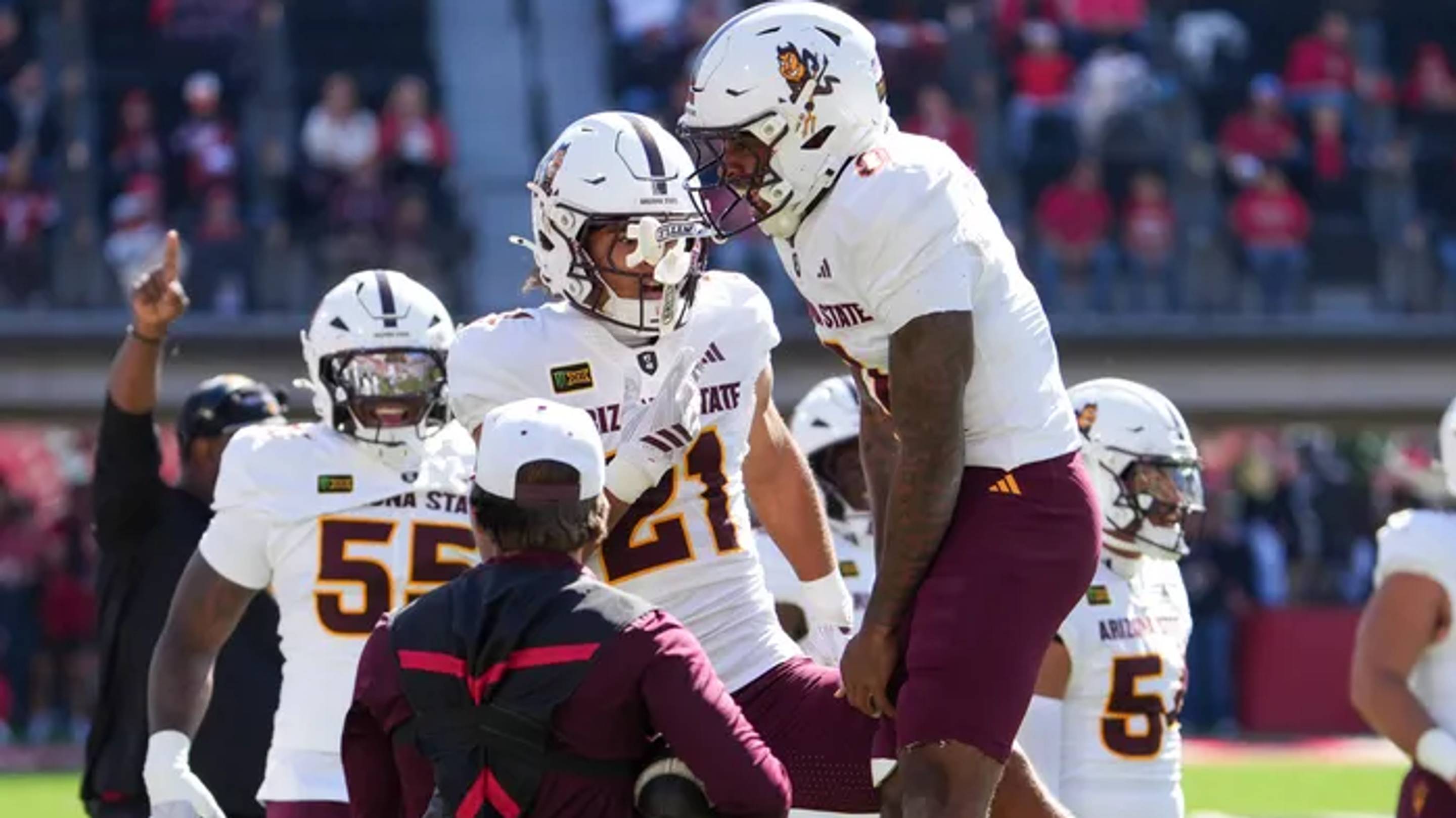 Arizona State's Rodney Bimage Jr. celebrates a fumble recovery against Texas Tech during a Big 12 Conference football game, Saturday, Oct. 17, 2026, at Galaxy Stadium. | © Nathan Giese/Avalanche-Journal / USA TODAY NETWORK via Imagn Images