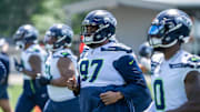 Jun 11, 2025; Renton, WA, USA; Seattle Seahawks defensive lineman Johnathan Hankins (97) takes part in drills during mini-camp at Virginia Mason Athletic Center. Mandatory Credit: Stephen Brashear-Imagn Images