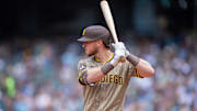 Aug 27, 2025; Seattle, Washington, USA; San Diego Padres first baseman Ryan O'Hearn (32) waits for a pitch during an at-bat against the Seattle Mariners  at T-Mobile Park. Mandatory Credit: Stephen Brashear-Imagn Images