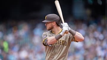 Aug 27, 2025; Seattle, Washington, USA; San Diego Padres first baseman Ryan O'Hearn (32) waits for a pitch during an at-bat against the Seattle Mariners  at T-Mobile Park. Mandatory Credit: Stephen Brashear-Imagn Images