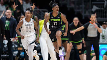 Sep 16, 2025; Seattle, Washington, USA; Seattle Storm guard Erica Wheeler (17) reacts after making a three-point basket during the second half in game two of round one for the 2025 WNBA Playoffs against the Las Vegas Aces at Climate Pledge Arena. Mandatory Credit: Stephen Brashear-Imagn Images