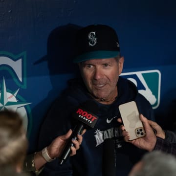  Seattle Mariners hitting coach Edgar Martinez speaks to reports before a game against the San Francisco Giants at T-Mobile Park on Aug 23.