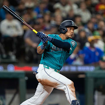 Seattle Mariners second baseman Jorge Polanco (7) takes a swing during an at-bat against the Oakland Athletics at T-Mobile Park in 2024.
