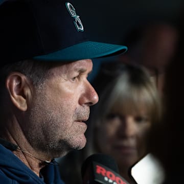 Seattle Mariners hitting coach Edgar Martinez speaks to reports before a game against the San Francisco Giants at T-Mobile Park in 2024.