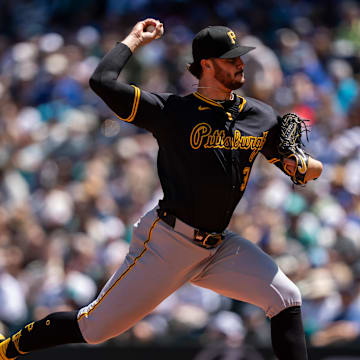 Jul 6, 2025; Seattle, Washington, USA; Pittsburgh Pirates starter Paul Skenes (30) delivers a pitch during the second inning against the Seattle Mariners at T-Mobile Park. Mandatory Credit: Stephen Brashear-Imagn Images