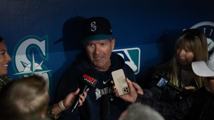  Seattle Mariners hitting coach Edgar Martinez speaks to reports before a game against the San Francisco Giants at T-Mobile Park on Aug 23.