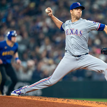 Sep 13, 2024; Seattle, Washington, USA;  Texas Rangers starter Jacob deGrom (48) delivers a pitch during the second inning against the Seattle Mariners at T-Mobile Park. Mandatory Credit: Stephen Brashear-Imagn Images