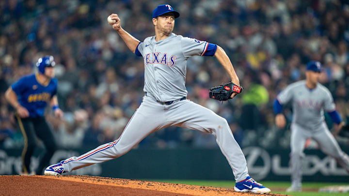 Sep 13, 2024; Seattle, Washington, USA;  Texas Rangers starter Jacob deGrom (48) delivers a pitch during the second inning against the Seattle Mariners at T-Mobile Park. Mandatory Credit: Stephen Brashear-Imagn Images