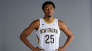 Sep 30, 2024; New Orleans, LA, USA; New Orleans Pelicans guard/forward Trey Murphy III (25) takes part in Pelicans Media Day.