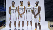 Sep 30, 2024; New Orleans, LA, USA; New Orleans Pelicans guard/forward Herb Jones (2), guard/forward Trey Murphy III (25), forward Brandon Ingram (14) and forward Zion Williamson (1) take part in Pelicans Media Day at the Smoothie King Center.  