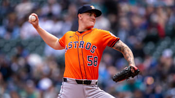 Apr 9, 2025; Seattle, Washington, USA;  Houston Astros starter Hunter Brown (58) delivers a pitch during the first inning against the Seattle Mariners at T-Mobile Park. 