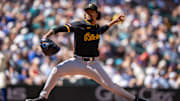 Jul 6, 2025; Seattle, Washington, USA; Pittsburgh Pirates reliever Genesis Cabrera (92) delivers a pitch during the eighth inning against the Seattle Mariners at T-Mobile Park. Mandatory Credit: Stephen Brashear-Imagn Images