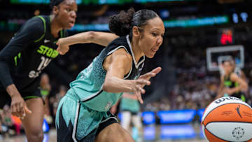 Sep 5, 2025; Seattle, Washington, USA;  New York Liberty guard Rebekah Gardner (7) chases down a loose ball during the first half at Climate Pledge Arena. Mandatory Credit: Stephen Brashear-Imagn Images