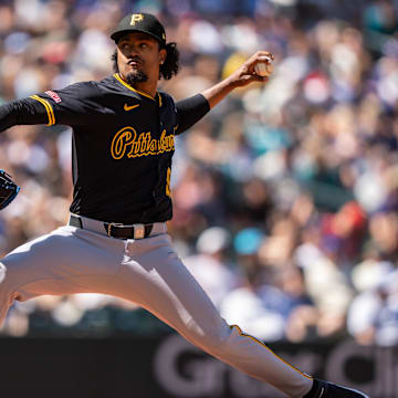 Jul 6, 2025; Seattle, Washington, USA; Pittsburgh Pirates reliever Genesis Cabrera (92) delivers a pitch during the eighth inning against the Seattle Mariners at T-Mobile Park. Mandatory Credit: Stephen Brashear-Imagn Images