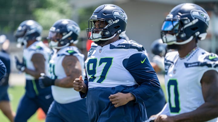 Jun 11, 2025; Renton, WA, USA; Seattle Seahawks defensive lineman Johnathan Hankins (97) takes part in drills during mini-camp at Virginia Mason Athletic Center. Mandatory Credit: Stephen Brashear-Imagn Images Jun 11, 2025; Renton, WA, USA; Seattle Seahawks defensive lineman Johnathan Hankins (97) takes part in drills during mini-camp at Virginia Mason Athletic Center. Mandatory Credit: Stephen Brashear-Imagn Images