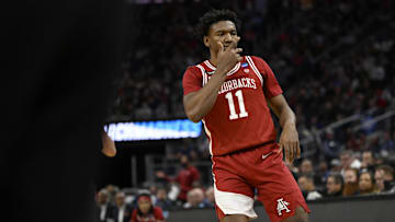 Mar 27, 2025; San Francisco, CA, USA; Arkansas Razorbacks forward Karter Knox (11) celebrates a three point basket during the first half against the Texas Tech Red Raiders during a West Regional semifinal of the 2025 NCAA tournament at Chase Center.