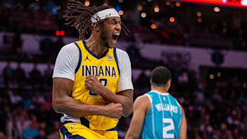 Nov 8, 2024; Charlotte, North Carolina, USA; Indiana Pacers center Myles Turner (33) celebrates after drawing a foul in the third quarter against the Charlotte Hornets at Spectrum Center. Mandatory Credit: Scott Kinser-Imagn Images