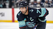 Oct 24, 2024; Seattle, Washington, USA;  Seattle Kraken forward Jordan Eberle (7) is pictured against the Winnipeg Jets at Climate Pledge Arena. Mandatory Credit: Stephen Brashear-Imagn Images