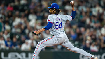 Sep 13, 2024; Seattle, Washington, USA;  Texas Rangers reliever Jose Urena (54) delivers a pitch during the sixth inning against the Seattle Mariners at T-Mobile Park. Mandatory Credit: Stephen Brashear-Imagn Images