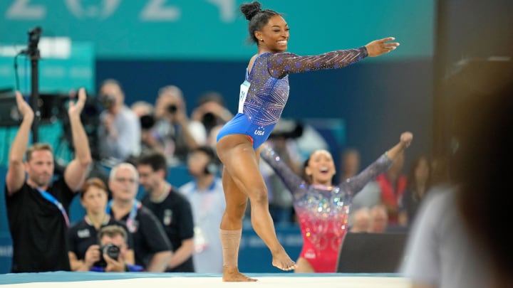 Aug 1, 2024; Paris, France; Simone Biles of the United States reacts after competes on the floor exercise in the womenís gymnastics all-around during the Paris 2024 Olympic Summer Games at Bercy Arena. 