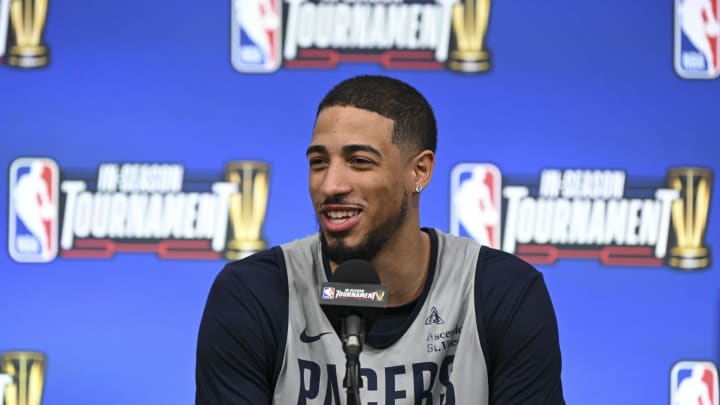 Dec 6, 2023; Las Vegas, NV, USA; Indiana Pacers guard Tyrese Haliburton (0) addresses the media in a press conference during practice day prior to the In-Season Tournament semi-finals at T-Mobile Arena. Mandatory Credit: Candice Ward-USA TODAY Sports