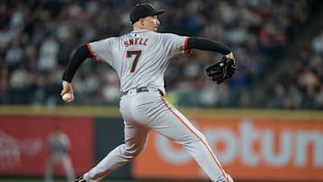 Aug 23, 2024; Seattle, Washington, USA; San Francisco Giants starter Blake Snell (7) delivers a pitch during the first inning against the Seattle Mariners  at T-Mobile Park. Mandatory Credit: Stephen Brashear-USA TODAY Sports