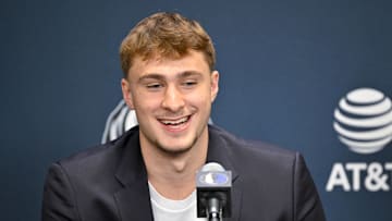 Jun 27, 2025; Dallas, TX, USA; Dallas Mavericks first overall pick Cooper Flagg speaks to the media during a press conference at the Dallas Mavericks Practice Facility. Mandatory Credit: Jerome Miron-Imagn Images