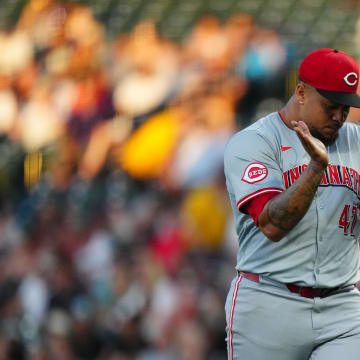 Jun 4, 2024; Denver, Colorado, USA; Cincinnati Reds starting pitcher Frankie Montas (47) reacts in the sixth inning against the Colorado Rockies at Coors Field. Mandatory Credit: Ron Chenoy-USA TODAY Sports