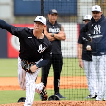Feb 20, 2025; Tampa, FL, USA; New York Yankees pitcher Ian Hamilton (71) throws the ball during work outs at George M. Steinbrenner Field.