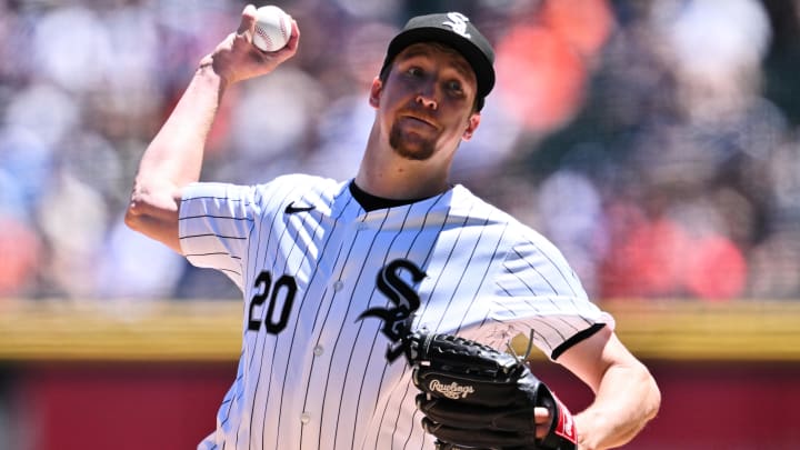 May 25, 2024; Chicago, Illinois, USA;  Chicago White Sox pitcher Erick Fedde (20) pitches in the second inning against the Baltimore Orioles at Guaranteed Rate Field. Mandatory Credit: Jamie Sabau-USA TODAY Sports