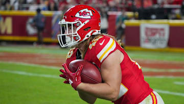 Oct 7, 2024; Kansas City, Missouri, USA; Kansas City Chiefs running back Carson Steele (42) returns a kick against the New Orleans Saints during the second half at GEHA Field at Arrowhead Stadium. Mandatory Credit: Denny Medley-Imagn Images