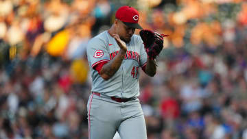 Jun 4, 2024; Denver, Colorado, USA; Cincinnati Reds starting pitcher Frankie Montas (47) reacts in the sixth inning against the Colorado Rockies at Coors Field. Mandatory Credit: Ron Chenoy-USA TODAY Sports