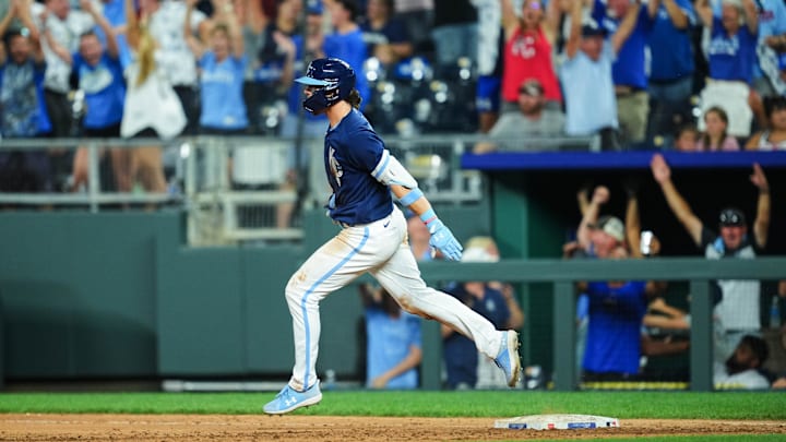 Jul 28, 2023; Kansas City, Missouri, USA; Kansas City Royals shortstop Bobby Witt Jr. (7) rounds the bases after hitting a walk-off grand slam against the Minnesota Twins during the tenth inning at Kauffman Stadium. Mandatory Credit: Jay Biggerstaff-Imagn Images