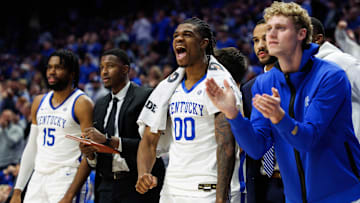 Nov 29, 2024; Lexington, Kentucky, USA; Kentucky Wildcats guard Otega Oweh (0) celebrates from the bench during the second half against the Georgia State Panthers at Rupp Arena at Central Bank Center. Mandatory Credit: Jordan Prather-Imagn Images