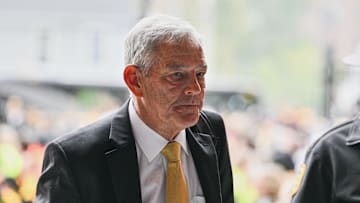 Oct 25, 2025; Iowa City, Iowa, USA; Iowa Hawkeyes head coach Kirk Ferentz arrives at Kinnick Stadium before the game against the Minnesota Golden Gophers. Mandatory Credit: Jeffrey Becker-Imagn Images