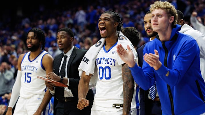 Nov 29, 2024; Lexington, Kentucky, USA; Kentucky Wildcats guard Otega Oweh (0) celebrates from the bench during the second half against the Georgia State Panthers at Rupp Arena at Central Bank Center. Mandatory Credit: Jordan Prather-Imagn Images