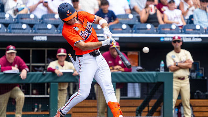 Jun 16, 2024; Omaha, NE, USA; Virginia Cavaliers second baseman Henry Godbout (2) hits a single against the Florida State Seminoles during the first inning at Charles Schwab Field Omaha. Mandatory Credit: Dylan Widger-Imagn Images Jun 16, 2024; Omaha, NE, USA; Virginia Cavaliers second baseman Henry Godbout (2) hits a single against the Florida State Seminoles during the first inning at Charles Schwab Field Omaha. Mandatory Credit: Dylan Widger-Imagn Images