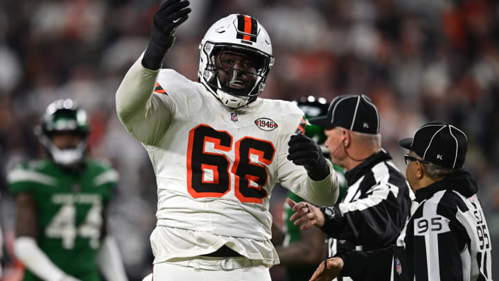 Dec 28, 2023; Cleveland, Ohio, USA; Cleveland Browns offensive tackle James Hudson III (66) celebrates during the second half against the New York Jets at Cleveland Browns Stadium. Mandatory Credit: Ken Blaze-USA TODAY Sports