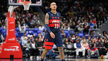Oct 26, 2024; Washington, District of Columbia, USA; Washington Wizards forward Kyle Kuzma (33) walks up to the court during the second quarter against the Cleveland Cavaliers at Capital One Arena. Mandatory Credit: Reggie Hildred-Imagn Images