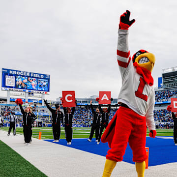 Nov 30, 2024; Lexington, Kentucky, USA; The Louisville Cardinals mascot performs with cheerleaders after a touchdown during the third quarter against the Kentucky Wildcats at Kroger Field. Mandatory Credit: Jordan Prather-Imagn Images