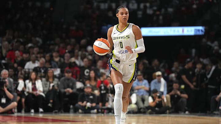 Dallas Wings forward Satou Sabally (0) dribbles.