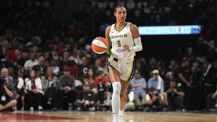 Dallas Wings forward Satou Sabally (0) dribbles.