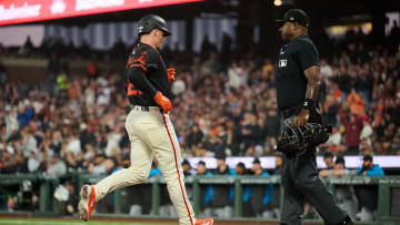 Aug 31, 2024; San Francisco, California, USA; San Francisco Giants infielder Matt Chapman (26) scores a run on an RBI single by infielder Tyler Fitzgerald (49) (not pictured) against the Miami Marlins during the sixth inning at Oracle Park. 