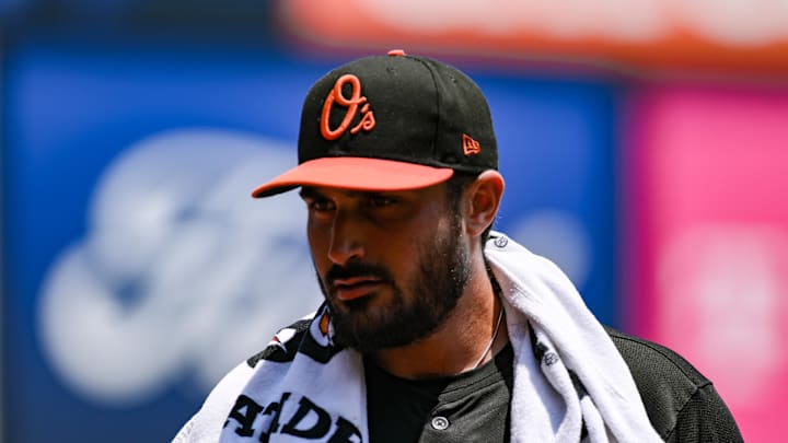 Jun 21, 2025; Bronx, New York, USA; Baltimore Orioles pitcher Zach Eflin (24) heads to the dugout from the bullpen before the game against the New York Yankees at Yankee Stadium. Mandatory Credit: John Jones-Imagn Images