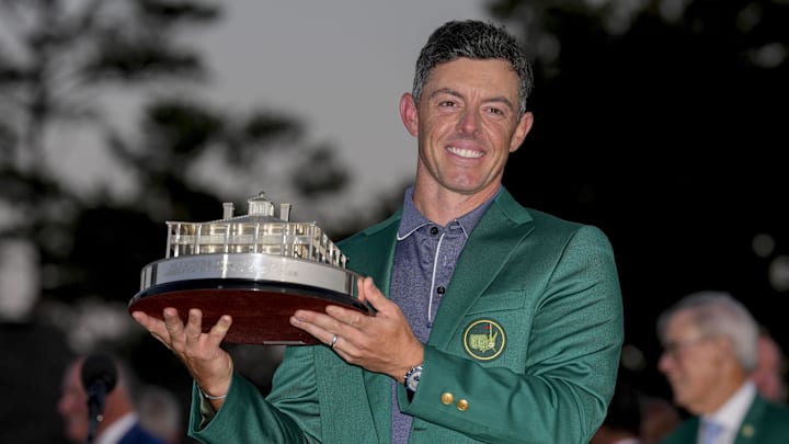 Rory McIlroy carrying the Masters trophy on Apr 13, 2025.